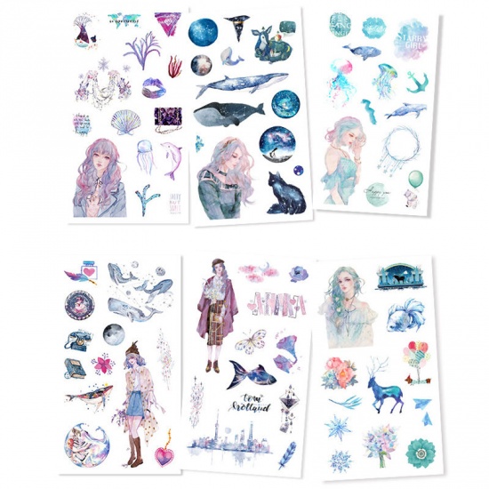 Image de DIY Papier Autocollant Décoration en Papier Multicolore Fille Animal Marin 16cm x 9cm, 1 Kit ( 6 Pcs/Kit)