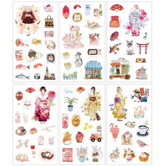 Изображение Бумага Японский Стиль Наклейки Разноцветный Девушка 16см x 9см, 1 Комплект ( 6 ШТ/Комплект)