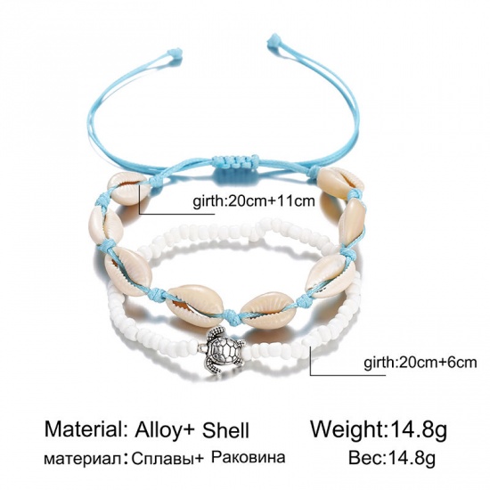 Picture of Shell Ocean Jewelry Anklet White & Blue Sea Turtle Animal 20cm(7 7/8") long, 1 Set ( 2 PCs/Set)