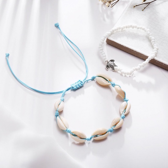 Picture of Shell Ocean Jewelry Anklet White & Blue Sea Turtle Animal 20cm(7 7/8") long, 1 Set ( 2 PCs/Set)