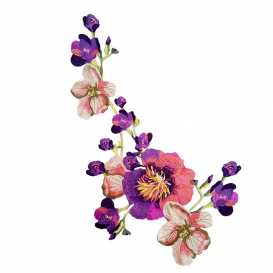 Image de Cabochons DIY Scrapbooking Artisanat Applique Polyester Broderie Violet Pivoine Fleur 57cm x 33cm, 1 Pièce