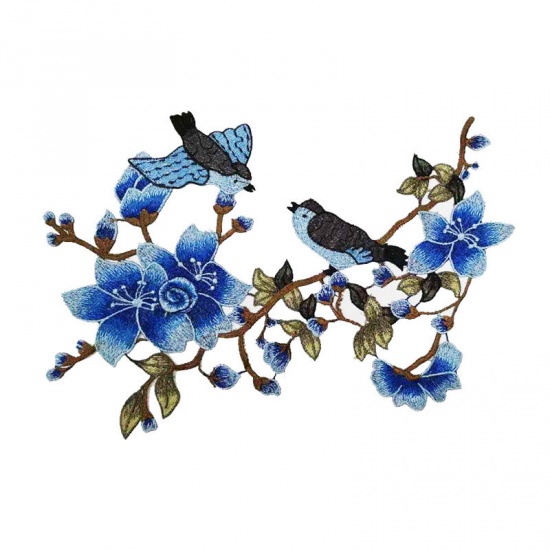 Picture of Polyester Embroidery Appliques Patches DIY Scrapbooking Craft Blue Plum Flower 37cm x 29cm, 1 Piece