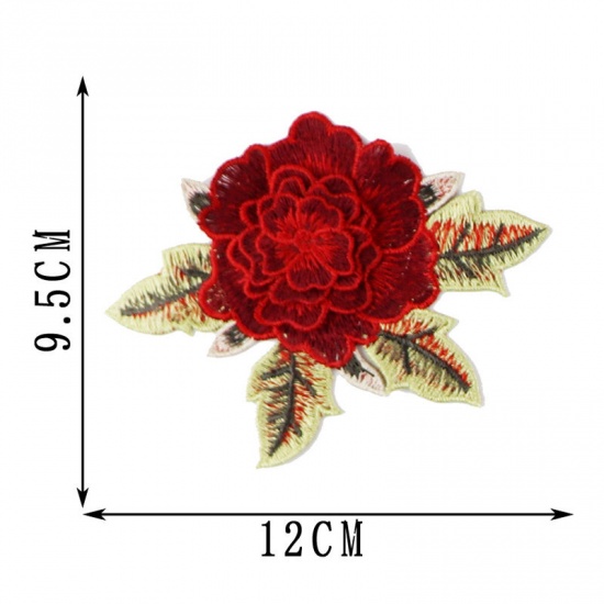 Picture of Polyester Embroidery Appliques Patches DIY Scrapbooking Craft Red Peony Flower 12cm x 9.5cm, 2 PCs ( 2 PCs/Set)