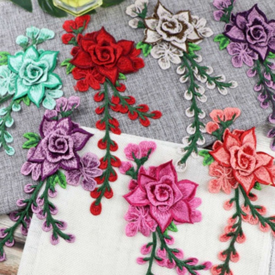 Picture of Polyester Embroidery Appliques Patches DIY Scrapbooking Craft Purple Flower 24cm x 10cm, 1 Piece